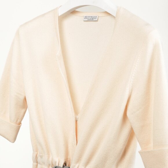 Brunello Cucinelli Cream Cashmere Drawstring-Waist Elbow-Sleeve Cardigan - Picture 3 of 9